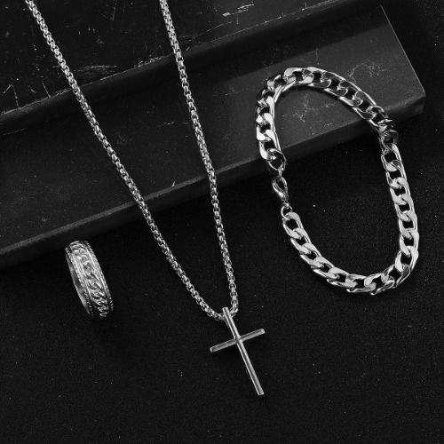 3/1 Pcs Cross Necklace Cuban Link Bracelet Ring for Men,  Hip-hop Fashion Accessories for Men, Necklace or Set