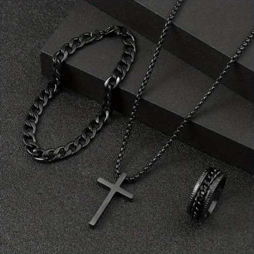 3/1 Pcs Cross Necklace Cuban Link Bracelet Ring for Men,  Hip-hop Fashion Accessories for Men, Necklace or Set