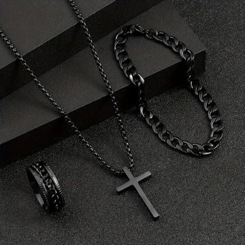 3/1 Pcs Cross Necklace Cuban Link Bracelet Ring for Men,  Hip-hop Fashion Accessories for Men, Necklace or Set