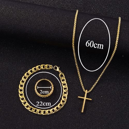 3/1 Pcs Cross Necklace Cuban Link Bracelet Ring for Men,  Hip-hop Fashion Accessories for Men, Necklace or Set