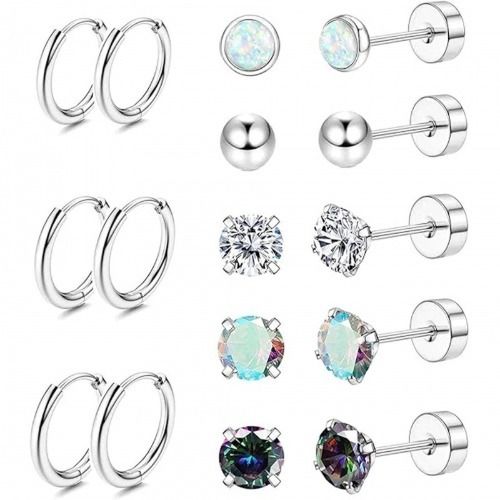 8 Pairs Earrings Set for Women Men Stainless Steel Earrings Cubic Zirconia Surgical Flat Back Stud Earrings Hypoallergenic Piercing Sleeper Cartilage Screwback Studs Hoop Earrings