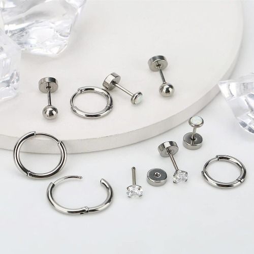 8 Pairs Earrings Set for Women Men Stainless Steel Earrings Cubic Zirconia Surgical Flat Back Stud Earrings Hypoallergenic Piercing Sleeper Cartilage Screwback Studs Hoop Earrings