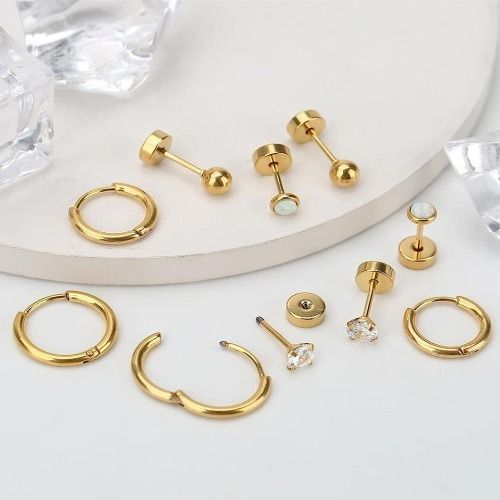 8 Pairs Earrings Set for Women Men Stainless Steel Earrings Cubic Zirconia Surgical Flat Back Stud Earrings Hypoallergenic Piercing Sleeper Cartilage Screwback Studs Hoop Earrings