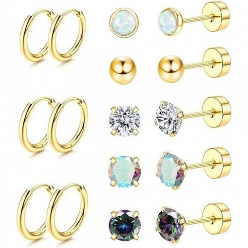 8 Pairs Earrings Set for Women Men Stainless Steel Earrings Cubic Zirconia Surgical Flat Back Stud Earrings Hypoallergenic Piercing Sleeper Cartilage Screwback Studs Hoop Earrings