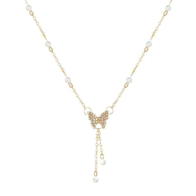 Pearl Bow Necklace, Ladies Butterfly Necklace for Women, Dainty Butterfly Pearl Pendant Necklace Lady Statement Pearl Necklace for Bridal Wedding Bows Jewelry