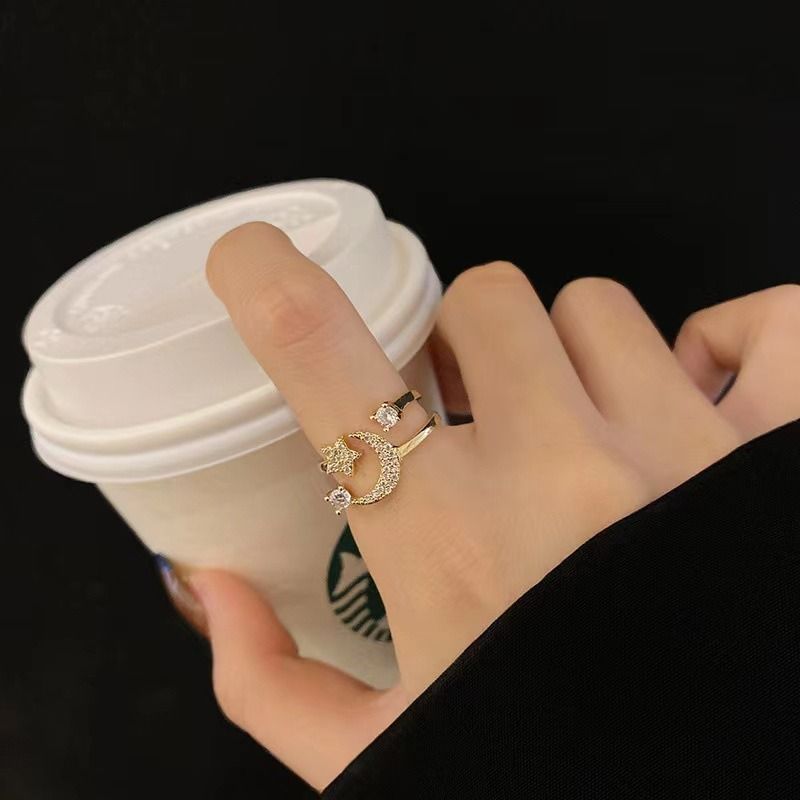 ‌Moon & Star Adjustable Ring for Women Ladies - Gold-Plated Rhinestone Dainty Jewelry, Cute Stacking Rings Gift for Her (Birthday/Valentine's/Everyday)