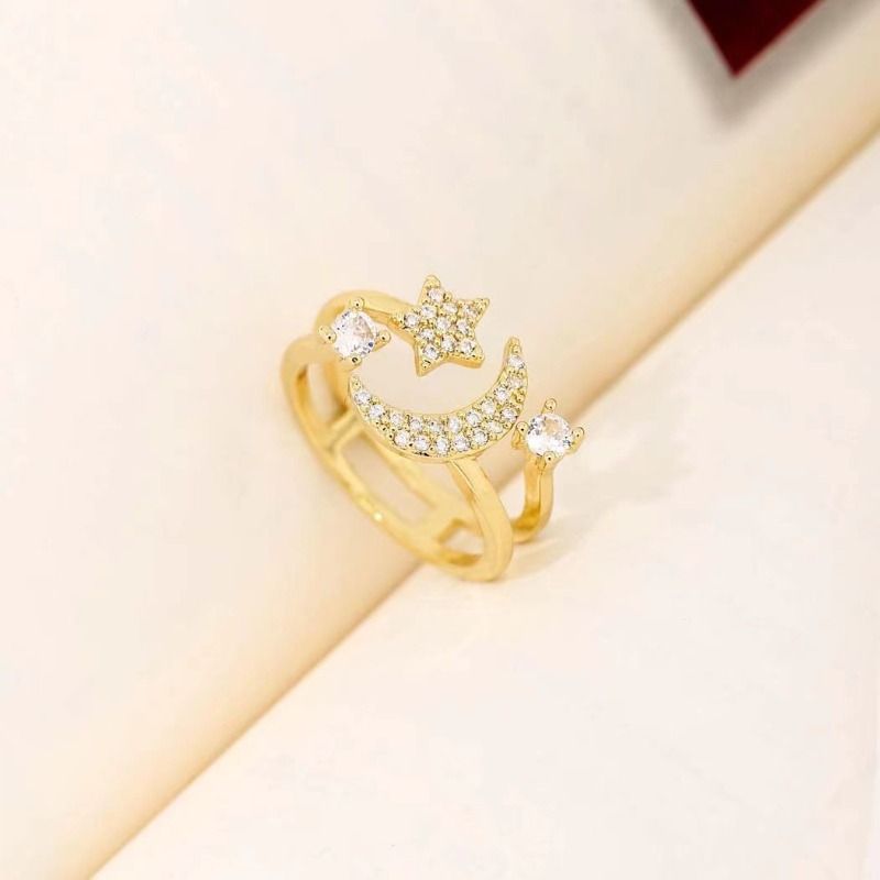 ‌Moon & Star Adjustable Ring for Women Ladies - Gold-Plated Rhinestone Dainty Jewelry, Cute Stacking Rings Gift for Her (Birthday/Valentine's/Everyday)