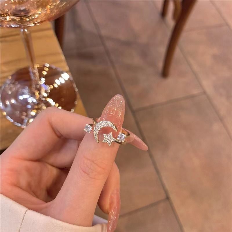 ‌Moon & Star Adjustable Ring for Women Ladies - Gold-Plated Rhinestone Dainty Jewelry, Cute Stacking Rings Gift for Her (Birthday/Valentine's/Everyday)