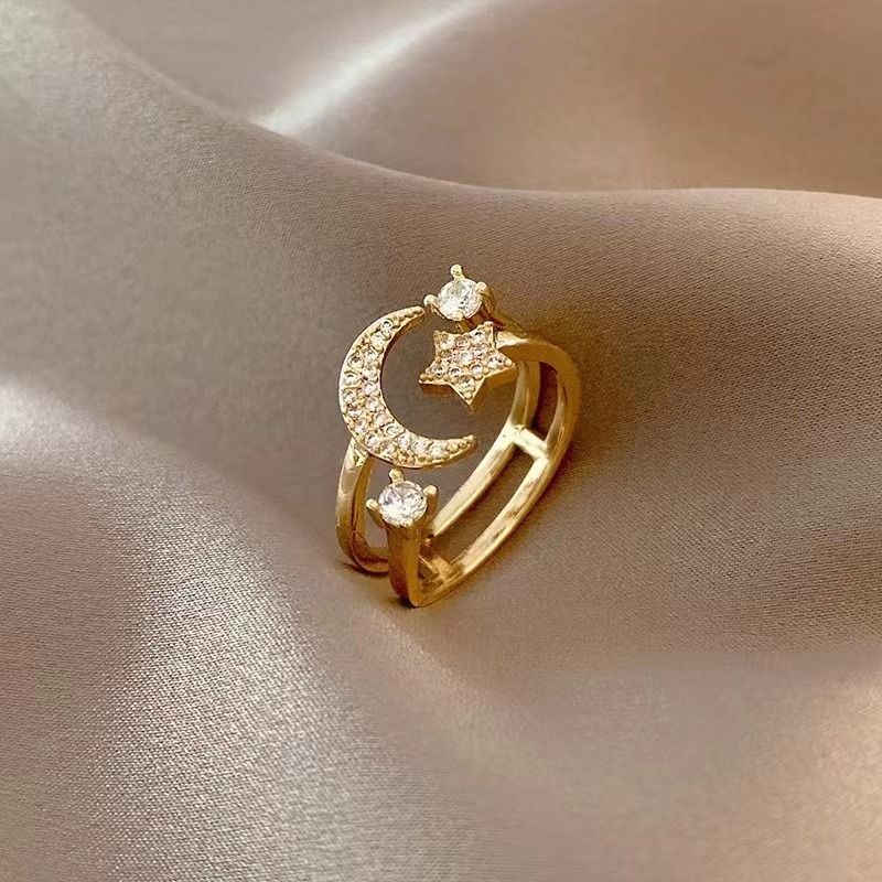 ‌Moon & Star Adjustable Ring for Women Ladies - Gold-Plated Rhinestone Dainty Jewelry, Cute Stacking Rings Gift for Her (Birthday/Valentine's/Everyday)