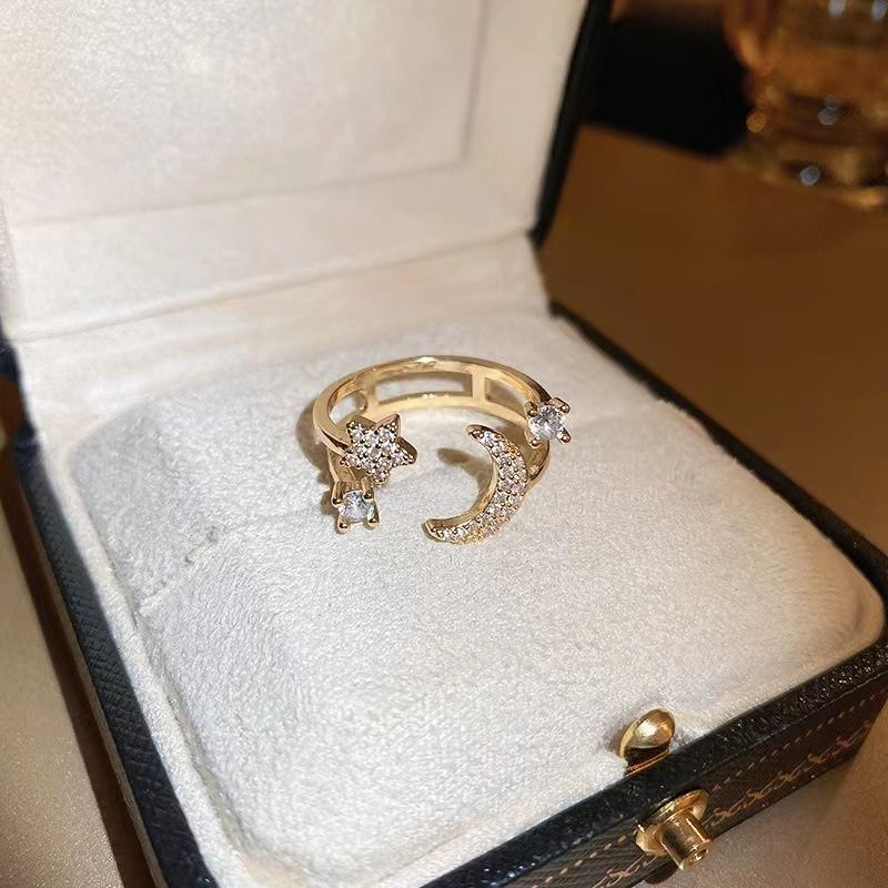 ‌Moon & Star Adjustable Ring for Women Ladies - Gold-Plated Rhinestone Dainty Jewelry, Cute Stacking Rings Gift for Her (Birthday/Valentine's/Everyday)