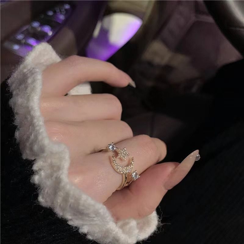 ‌Moon & Star Adjustable Ring for Women Ladies - Gold-Plated Rhinestone Dainty Jewelry, Cute Stacking Rings Gift for Her (Birthday/Valentine's/Everyday)