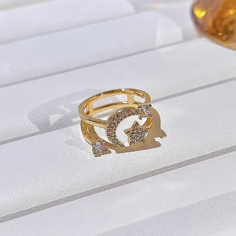 ‌Moon & Star Adjustable Ring for Women Ladies - Gold-Plated Rhinestone Dainty Jewelry, Cute Stacking Rings Gift for Her (Birthday/Valentine's/Everyday)
