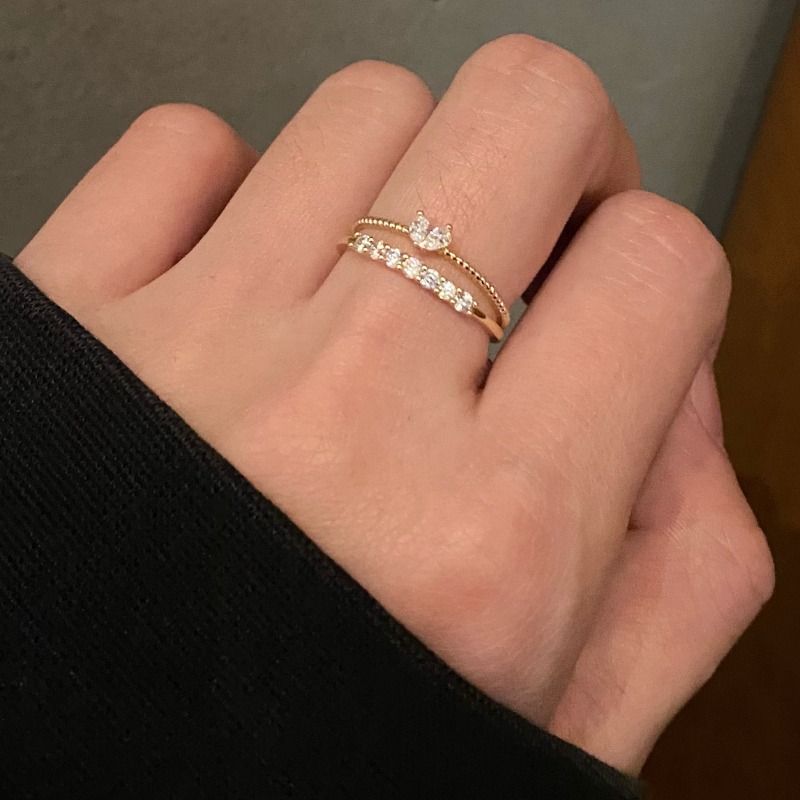 ‌2-Piece Adjustable Heart Ring Set for Women - Copper Cubic Zirconia Stacking Rings, Delicate Love Jewelry Gift for Her (Valentine's, Anniversary, Everyday)