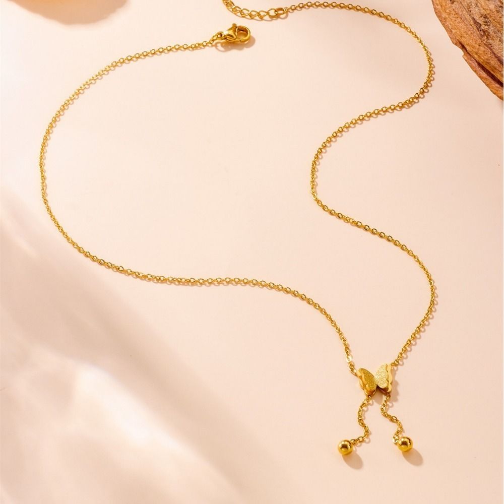 Titanium Steel Butterfly Necklace for Women Gold Necklace (No Fade) Dainty Cute Beaded Butterfly Dangle Necklace Trendy Jewelry Gifts