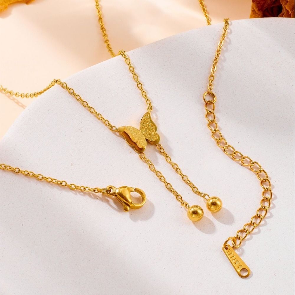 Titanium Steel Butterfly Necklace for Women Gold Necklace (No Fade) Dainty Cute Beaded Butterfly Dangle Necklace Trendy Jewelry Gifts