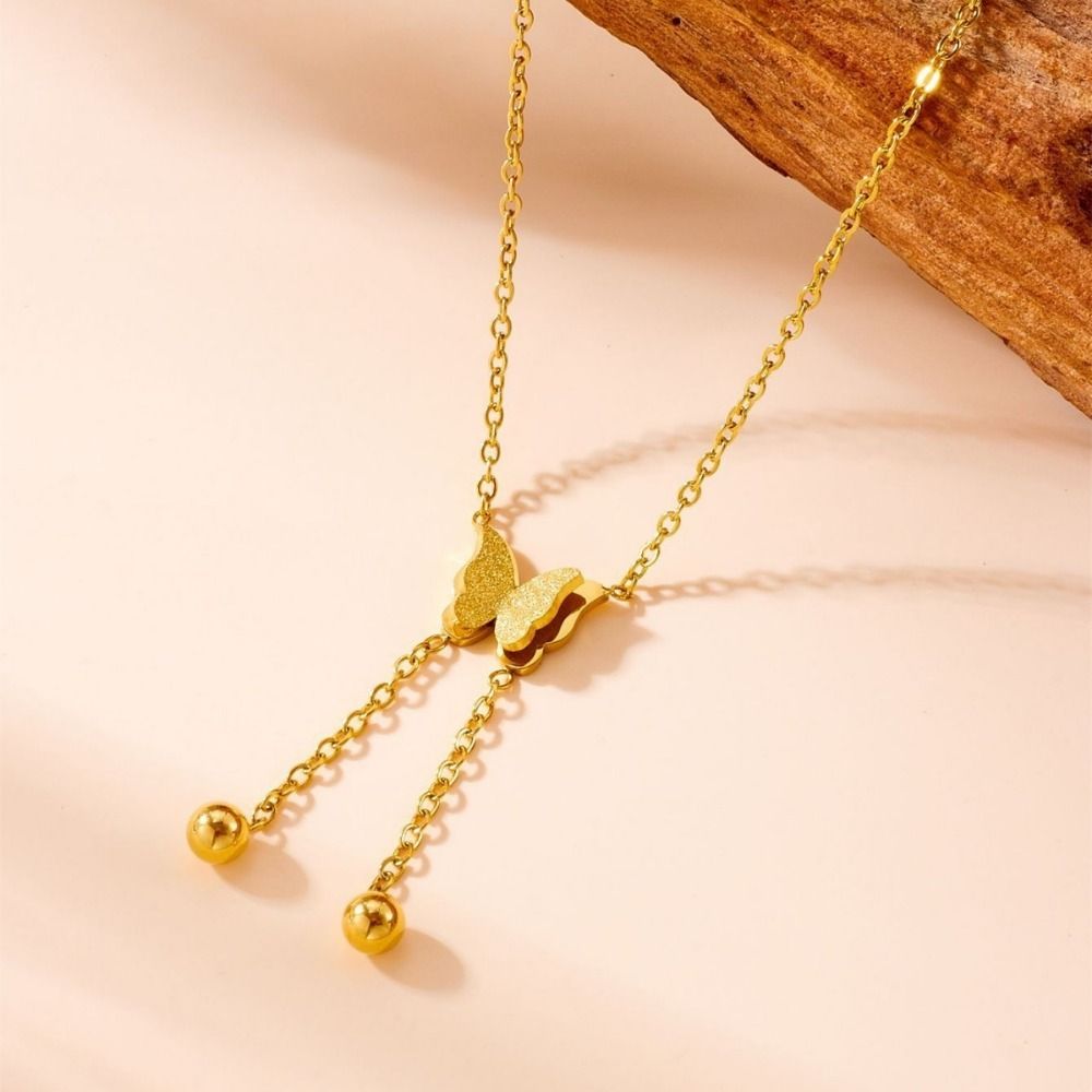 Titanium Steel Butterfly Necklace for Women Gold Necklace (No Fade) Dainty Cute Beaded Butterfly Dangle Necklace Trendy Jewelry Gifts