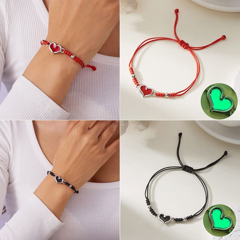 2 Pcs Heart Couple Bracelet Set Handmade Braided Adjustable Rope Bracelet Luminous Heart Charm Bracelets for Her Him Couples Friends Valentines Gift
