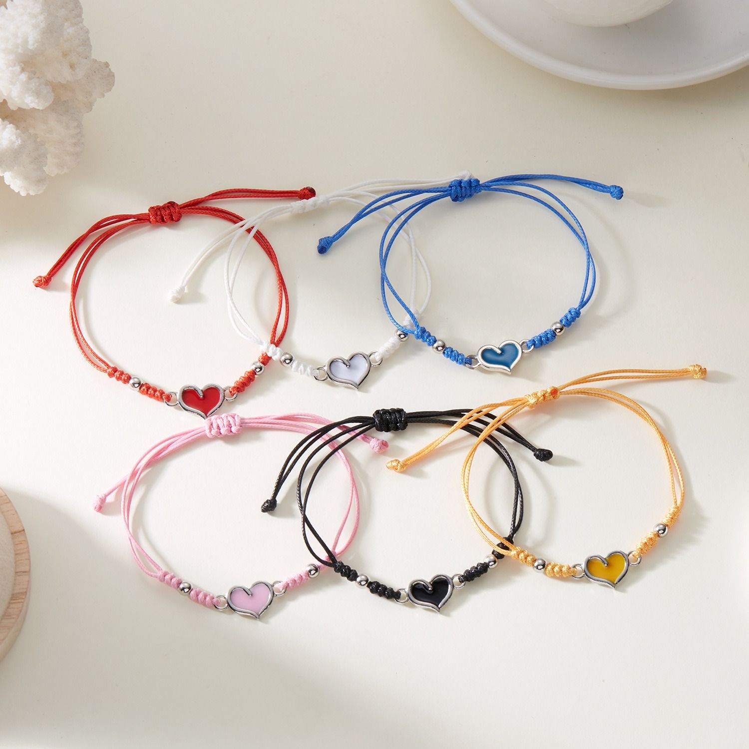 2 Pcs Heart Couple Bracelet Set Handmade Braided Adjustable Rope Bracelet Luminous Heart Charm Bracelets for Her Him Couples Friends Valentines Gift