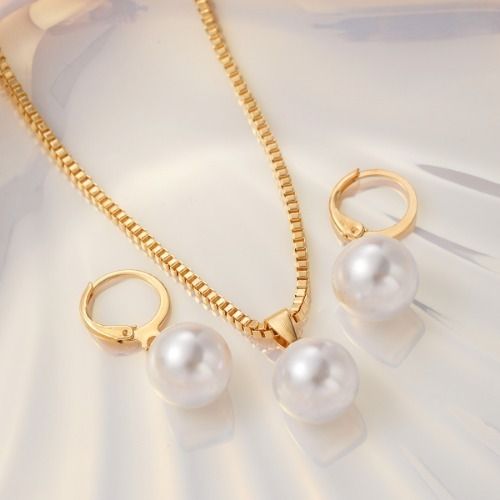 Pearl Necklace Earrings Set for Ladies Women Silver Gold Plated, Pearl Jewelry Set Adjustable Pearl Choker Necklace Pearl Drop Earrings Dainty Wedding Pearl Jewelry