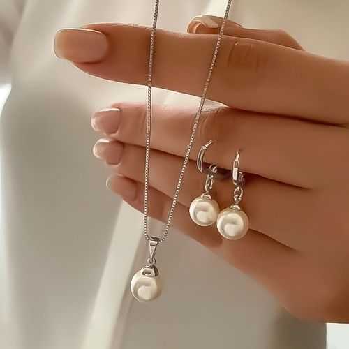 Pearl Necklace Earrings Set for Ladies Women Silver Gold Plated, Pearl Jewelry Set Adjustable Pearl Choker Necklace Pearl Drop Earrings Dainty Wedding Pearl Jewelry