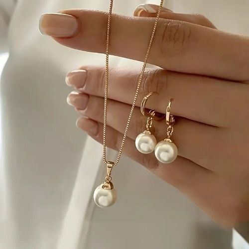 Pearl Necklace Earrings Set for Ladies Women Silver Gold Plated, Pearl Jewelry Set Adjustable Pearl Choker Necklace Pearl Drop Earrings Dainty Wedding Pearl Jewelry