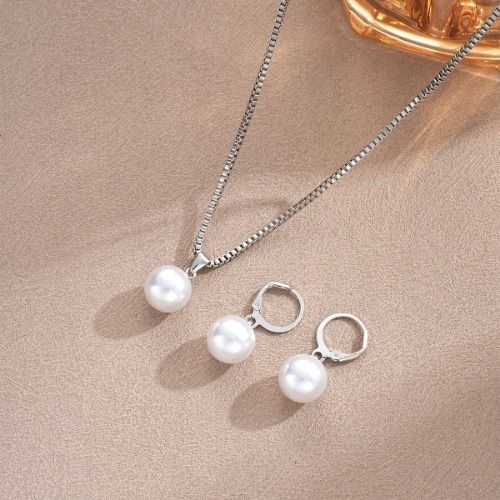 Pearl Necklace Earrings Set for Ladies Women Silver Gold Plated, Pearl Jewelry Set Adjustable Pearl Choker Necklace Pearl Drop Earrings Dainty Wedding Pearl Jewelry