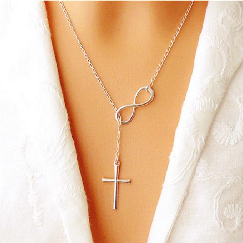 Ladies Cross Necklace Silver Lucky 8 Pendant Long Chain Necklace Women Fashion Jewelry