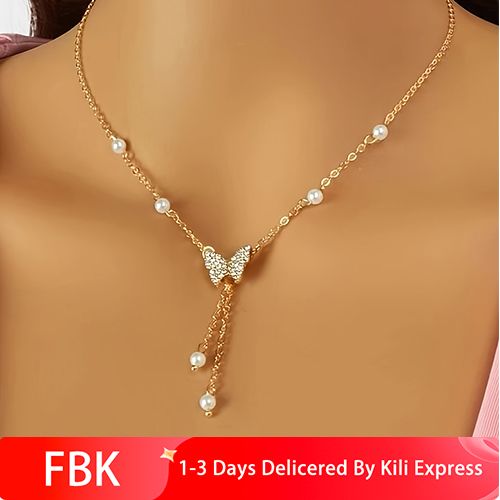 Pearl Bow Necklace, Ladies Butterfly Necklace for Women, Dainty Butterfly Pearl Pendant Necklace Lady Statement Pearl Necklace for Bridal Wedding Bows Jewelry