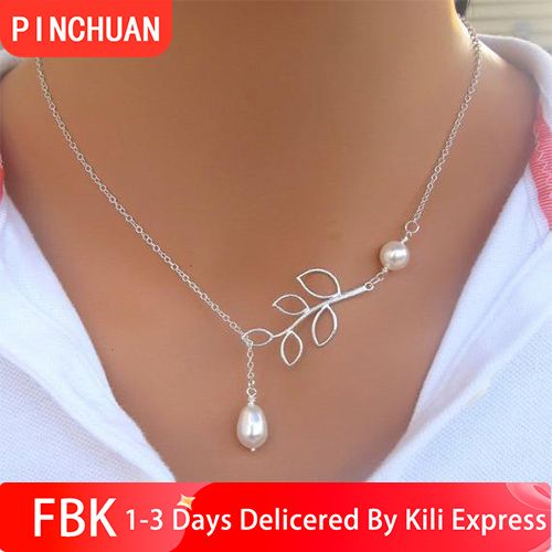 ‌Silver Leaf Necklace with Pearl Accent for Ladies - Adjustable Chain Women's Jewelry, Elegant Nature-Inspired Pendant Gift for Her (Wedding/Birthday/Everyday)