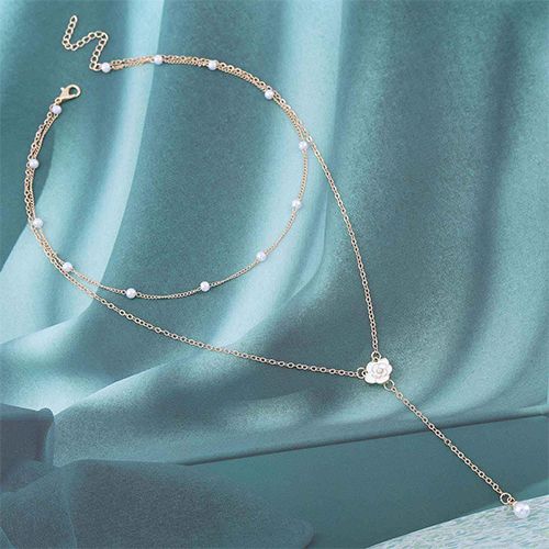 Layered Pearl Camellia Choker Necklace for Women Ladies Gold Pearl Y Lariat Necklace Enamel Rose Flower Pendant Necklace White Camellia Pearl Necklace Jewelry Gifts