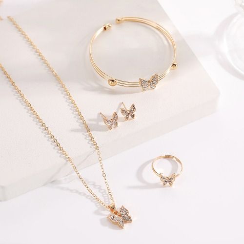 Butterfly Jewelry Set for Women Ladies Diamond Love Heart Necklace Ring Bracelet Suit