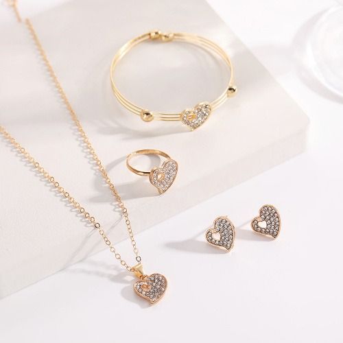Butterfly Jewelry Set for Women Ladies Diamond Love Heart Necklace Ring Bracelet Suit