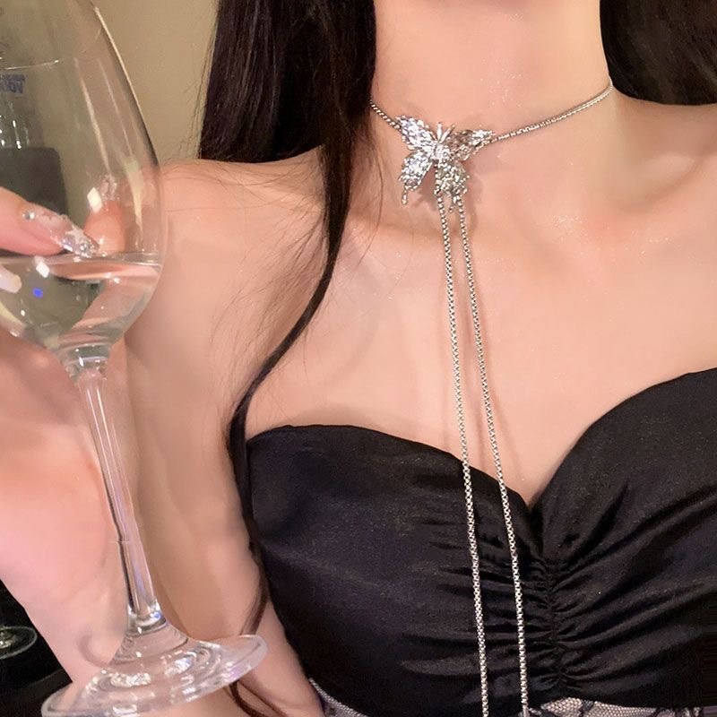Long Butterfly Necklace for Women Ladies Adjustable Sliding Necklace Pull-out Waist Chain Chest Necklace Butterfly Choker Stainless Steel  Lariat Silver Butterfly Necklace Link Chain Y Necklace