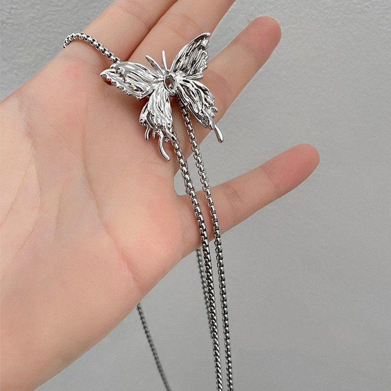 Long Butterfly Necklace for Women Ladies Adjustable Sliding Necklace Pull-out Waist Chain Chest Necklace Butterfly Choker Stainless Steel  Lariat Silver Butterfly Necklace Link Chain Y Necklace