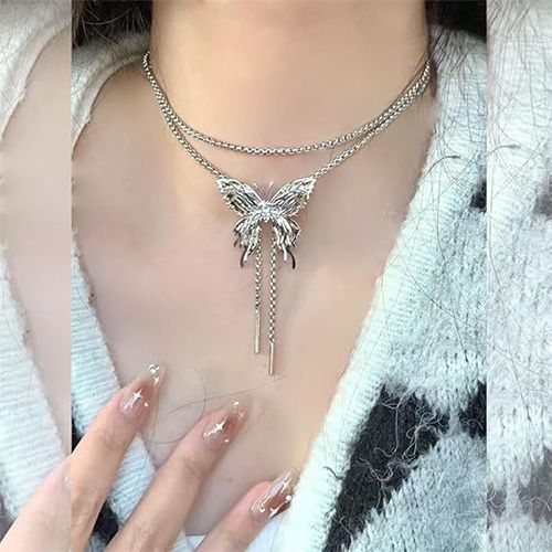 Long Butterfly Necklace for Women Ladies Adjustable Sliding Necklace Pull-out Waist Chain Chest Necklace Butterfly Choker Stainless Steel  Lariat Silver Butterfly Necklace Link Chain Y Necklace