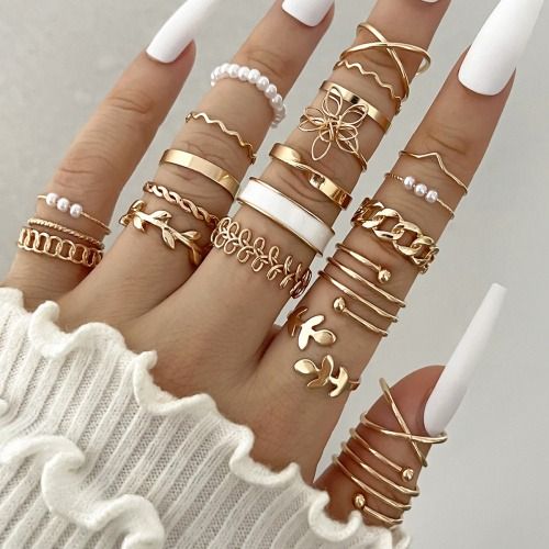 22 PCS/Set Stackable Rings for Women Ladies Stacking Ring Knuckle Pearl Rings Skeleton Geometric Ring Set