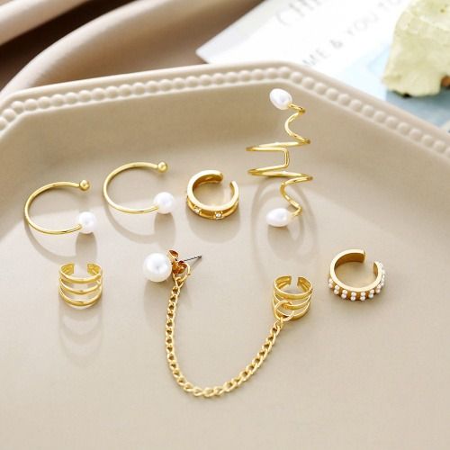 7 PCS/Set Earrings Ear Clips for Women Ladies, Punk Earrings, Pearl Earrings, Tassel Chain Earrings
