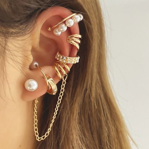 7 PCS/Set Earrings Ear Clips for Women Ladies, Punk Earrings, Pearl Earrings, Tassel Chain Earrings