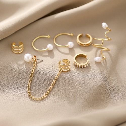 7 PCS/Set Earrings Ear Clips for Women Ladies, Punk Earrings, Pearl Earrings, Tassel Chain Earrings