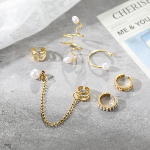 7 PCS/Set Earrings Ear Clips for Women Ladies, Punk Earrings, Pearl Earrings, Tassel Chain Earrings