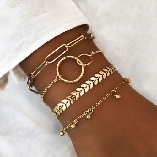 PINCHUAN 4 Pcs Gold Plated Bracelets for Women Non Tarnish, Stack Layered Chain Bracelets Waterproof Link Cuff Bracelet Mothers' Day Jewelry Gifts