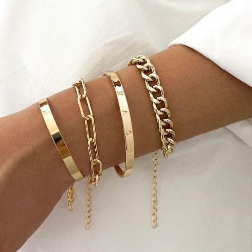 PINCHUAN 4 Pcs Stackable Bracelets，Gold / Silver Bracelets for Women, Plated Bracelet Stacking Sets, Waterproof Cuban Chains, Paperclip Chain, Cuff Bangles, Non Tarnish,Jewelry Gifts for Women