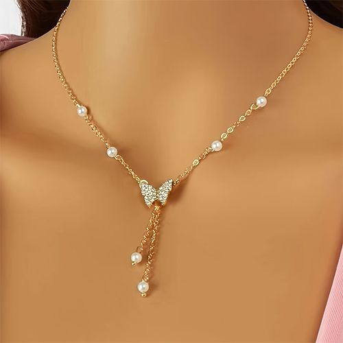 PINCHUAN Pearl Bow Necklace Ladies Butterfly Necklace for Women Dainty Butterfly Pearl Pendant Necklace Lady Statement Pearl Necklace for Bridal Wedding Bows Jewelry