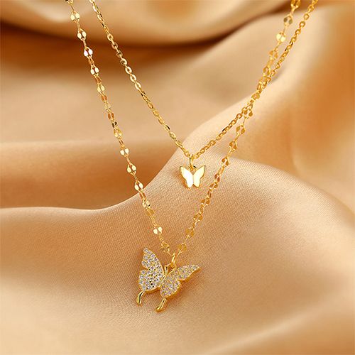 PINCHUAN Butterfly Necklace Double Diamond Butterfly Pendant Choker Necklace Ladies Necklaces Personality Fashion Lady Jewelry