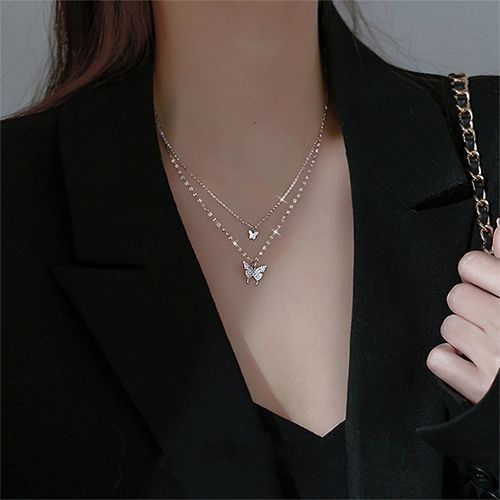 PINCHUAN Butterfly Necklace Double Diamond Butterfly Pendant Choker Necklace Ladies Necklaces Personality Fashion Lady Jewelry