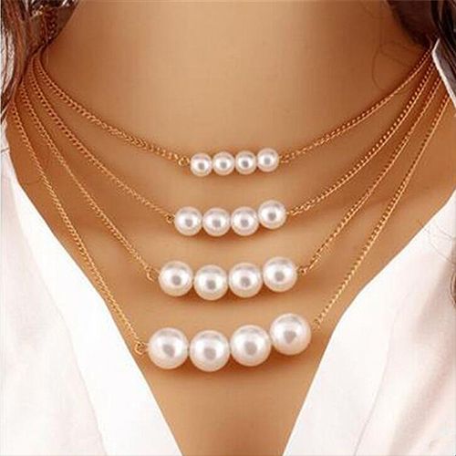 PINCHUAN Pearl Necklaces for Women Ladies Multi-layer  Large and Small  Pearl Necklace Choker Jewelry