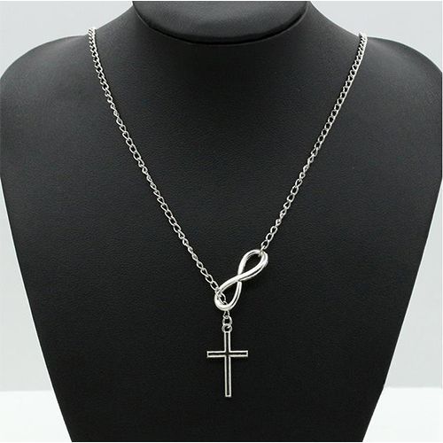 PINCHUAN Ladies Cross Necklace Silver Lucky 8 Pendant Long Chain Necklace Women Fashion Jewelry