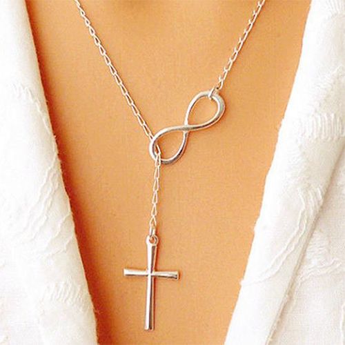 PINCHUAN Ladies Cross Necklace Silver Lucky 8 Pendant Long Chain Necklace Women Fashion Jewelry