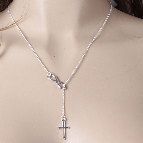 PINCHUAN Ladies Cross Necklace Silver Lucky 8 Pendant Long Chain Necklace Women Fashion Jewelry