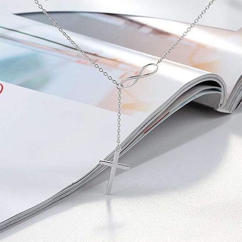 PINCHUAN Ladies Cross Necklace Silver Lucky 8 Pendant Long Chain Necklace Women Fashion Jewelry